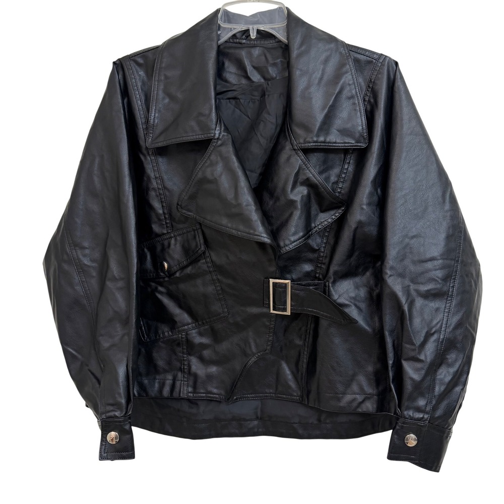 D&M Womens‎ Black Faux Leather Moto Jacket Belted Size Medium Biker Coat NWOT